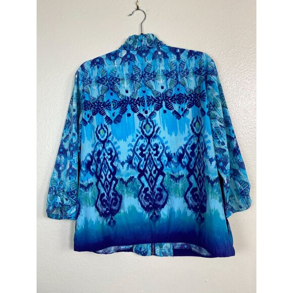 Zenergy Chicos 2 Blue Ikat Zip Up Jacket Sz Large Boho Geometric Artsy Lagenlook - Picture 2 of 14